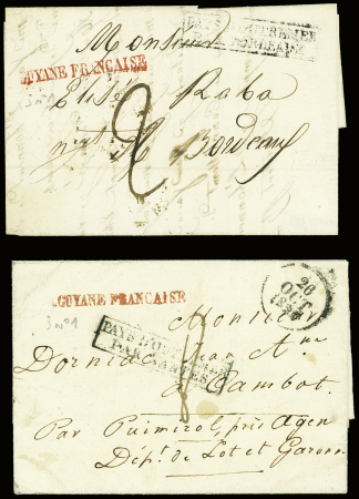 4 lettres pour Bordeaux : cachet ovale noir "Poste aux lettres de Cayenne Guyane française" (Jamet n°3 - 1852) - cAD "Cayenne Guyane française" (1853 