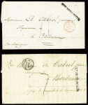 2 lettres pour Bordeaux avec MP noire "Guyane française" + CAD d'entrée "Outre-mer Pauillac" (noir 1843 et rouge 1845). TB