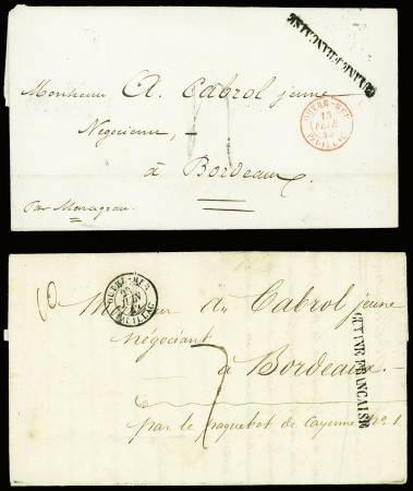 2 lettres pour Bordeaux avec MP noire "Guyane française" + CAD d'entrée "Outre-mer Pauillac" (noir 1843 et rouge 1845). TB