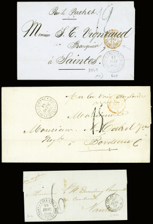 15 lettres pour Bordeaux ou Nantes avec CAD "Cayenne Guyane française" (Jamet n°4), la majorité avec CAD d'entrée noir "Col. Fr. Angl. Amb. Calais". T