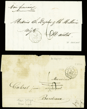 2 lettres de Cayenne pour Nantes et pour Bordeaux avec CAD octo d'entrée noir "Col Fra Paq Fr C n°1" (1870 et 1875 - n°1528). TB