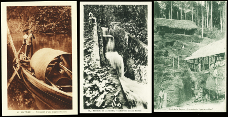 3 cartes postales illustrées : "forêt de la Guyane, extraction de quarts aurifères" - "environs de Cayenne, déversoir du lac Rorota" et "Guyane, trans