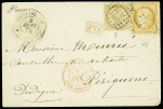 Colonies générales n° 3+13 obl losange de points muet + CAD "Guyane Cayenne" (1875) sur lettre pour Périgueux. TB