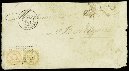 Guyane n°3+5 obl losange de points muet + CAD "Guyane Cayenne" (1872) sur lettre pour Bordeaux. TB