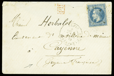 France n°29 obl étoile 25 + CAD "Paris R. Serpente" (1870) sur lettre pour Cayenne. TB