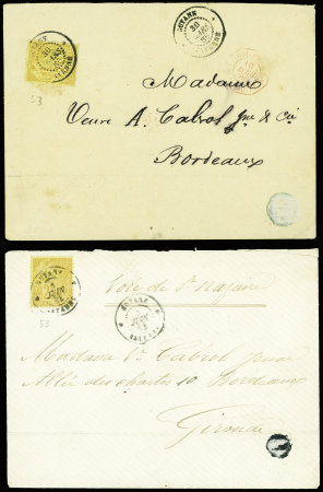 3 lettres AFF Colonies générales n°53 (2) et n°54 obl CAD "Guyane Cayenne" (1886 - 1888 - 1887) pour Bordeaux. TB