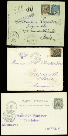 11 lettres et 2 fragments de Guyane dont Guyane n°24 + n°27 + 28 obl Cayenne (1894) sur grand fragment de lettre recommandée