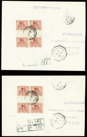 Lot de 5 lettres recommandées AFF timbres de la série fourmillier et orpailleur dont surchargés Croix-Rouge de Cayenne. TB