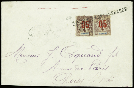 Guyane n°67 en paire obl griffe "Cayenne à Fort de France" sur lettre pour Choisy le Roi avec arrivée (1913). TB