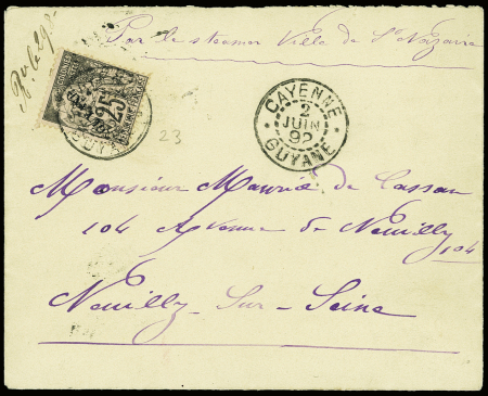 Guyane n°23 obl CAD "Cayenne Guyane" (1892) sur lettre pour Neuille sur Seine avec au verso rare CAD "Union St Nazaire". TB