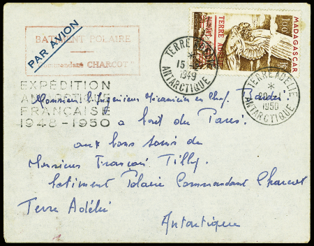 TAAF PA n°1 obl CAD "Terre Adélie Antarctique" (15.2.1949 et 20.1.1950) sur lettre avec cachet rect rouge "Bâtiment polaire commandant Charcot". TB