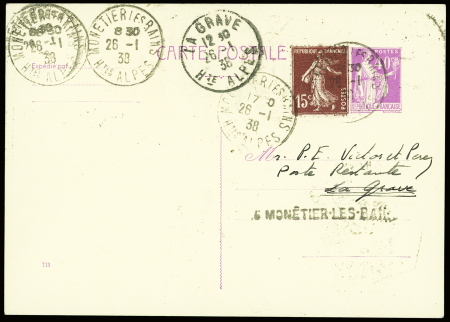 N°189 obl Monetier les Bains (26.1.1938) sur entier CP 40c Paix adressée en poste restante à Paul Emile Victor et Michel Perez avec au verso CAD de tr