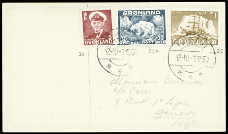 Carte radio-amateur "EPF Groenland FBG" (ours avec pipe) AFF Groenland n°20 + 23A + 25 obl 12.10.1950. TB