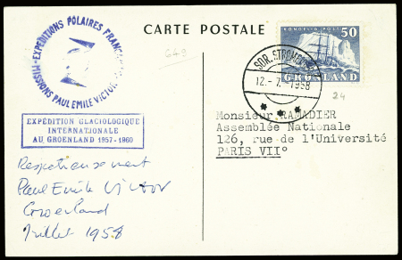 Groenland n°24 obl Stromfjord (12.7.1958) sur carte Samivel (boites à sardines) avec cachet rect bleu "Expedition glaciologique internationale au groe