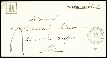 Lettre recommandée avec CAD T15 "Chateauneuf en Thimerais 27" (1848) + "R" encadré et taxe 4 tampon façon manuscrite. TB