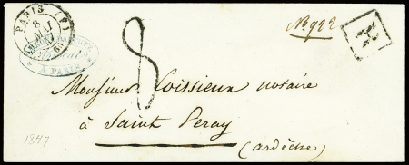 Lettre recommandée avec CAD "Paris (F) (60)" (1847) + "R" encadré et taxe 8 tampon façon manuscrite. TB