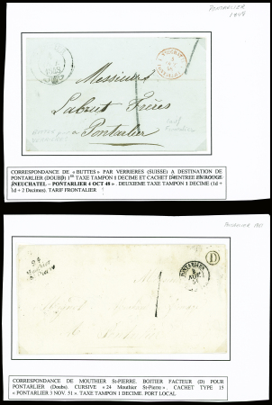 Doubs : 3 lettres de ou pour Pontarlier avec taxe tampon 1 de confection locale (1848 - 1851). TB