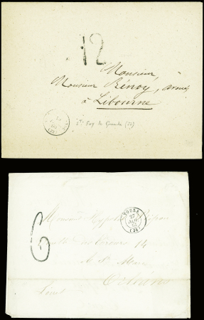 6 lettres avec taxes tampon façon manuscrite de confection locale 11 et 8 + 12 (2) - 6 (2) et 1. Peu courant et TB