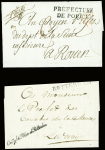 Lettre avec MP "Prefecture de Police" (Paris an 8 - Sénéchal n°1260) avec en-tête illustré et cachet orné au verso + lettre avec MP "119 Rotterdam" et