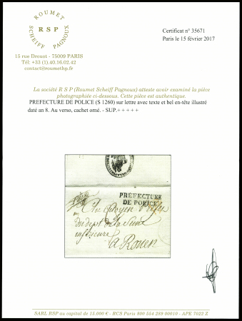 Lettre avec MP "Prefecture de Police" (Paris an 8 - Sénéchal n°1260) avec en-tête illustré et cachet orné au verso + lettre avec MP "119 Rotterdam" et