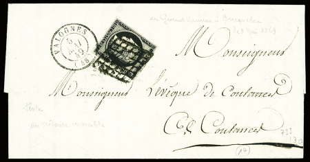 N°3 obl grille + T15 "Valognes (48)" (1849) sur lettre, ind 14. TB