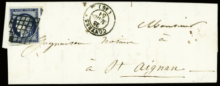 N°4 obl grille + T15 "Contres (40)" (1851) sur lettre, ind 17. TB