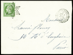 N°12 5c vert, obl étoile muette + CAD "Lettre AFFie de Paris pour Paris" (1855) sur lettre. TB