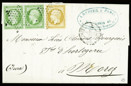N°12 en paire + n°13 obl étoile muette + CAD "1er Paris 6 (6)" (1856) sur lettre. TB