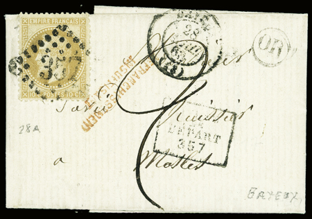 N°28 obl GC 357 + T17 Bayeux (1868) sur faire-part de deuil avec cachet rect "Après le départ 357" et taxe 2. ind 17. TB