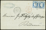 Col. Générales n°23 en paire obl losange de points muet + CAD "Réunion St Denis" (1876) sur lettre pour Bordeaux. TB