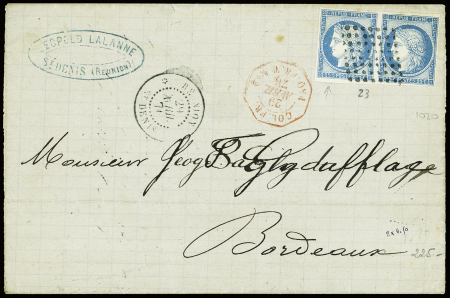 Col. Générales n°23 en paire obl losange de points muet + CAD "Réunion St Denis" (1876) sur lettre pour Bordeaux. TB