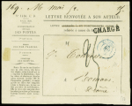 Env n°1130 des rebuts "Lettre renvoyée à son auteur" avec CAD bleu "Renvois" (1852) + griffe "Chargé" et au verso cursive rouge "ADMon Gle des Postes 