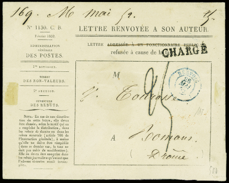 Env n°1130 des rebuts "Lettre renvoyée à son auteur" avec CAD bleu "Renvois" (1852) + griffe "Chargé" et au verso cursive rouge "ADMon Gle des Postes 