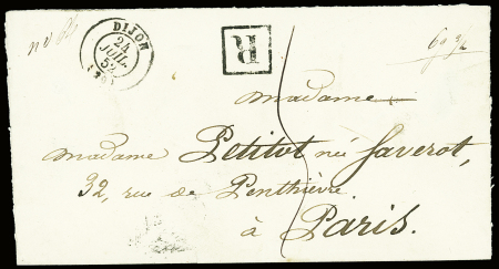 Lettre recommandée non AFF avec T15 Dijon (1852) + "R" encadré noir et taxe 5 manuscrite. TB