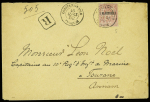 Levant n°5, 2 piastres sur 50c rose obl CAD "Constantinople Turquie" (1892) sur lettre recommandée pour Tourane Annam avec arrivée. TB
