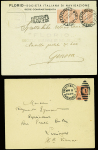 2 lettres : n°199 obl CAD "Livorno ferrovia" (1927) + griffe "Piroscafo Francese" sur lettre de l'agence de Bastia de la Cie Florio et n°199 obl duple