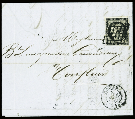 N°3a 20c noir sur blanc obl grille + T15 "Rouen (74)" (1849) sur lettre, ind 15. TB