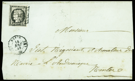 N°3c 20c gris-noir obl grille + T15 "(B) Paris (B)" (1849) sur lettre. TB
