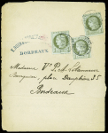 N°50 1c olive, 3 pièces, obl T17 "Bordeaux (32)" sur circulaire sous bande. TB