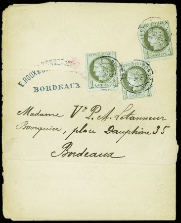 N°50 1c olive, 3 pièces, obl T17 "Bordeaux (32)" sur circulaire sous bande. TB