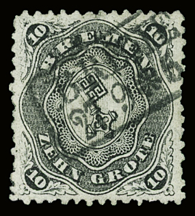 N°14 10g noir, obl., dent courte sinon TB. Signé Scheller
