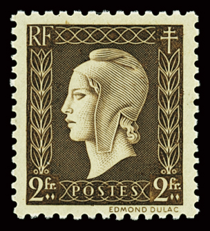 N°692 2f brun Dulac, variété impression sur la gomme,