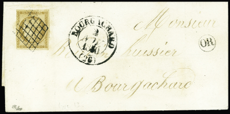 N°1 10c bistre oblitéré grille sur lettre avec TàD