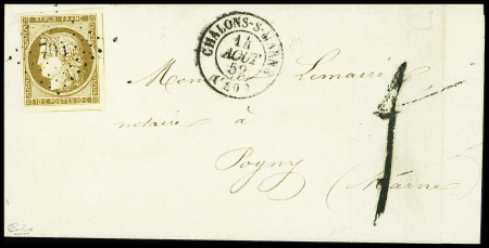 N°1 10c bistre oblitéré PC sur lettre avec type 15