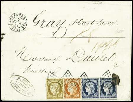 N°1 10c bistre, N°4 x2 (paire) 25c bleu & N°5 40c
