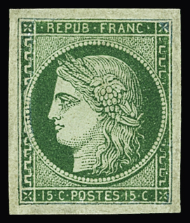 N°2 15c vert - Neuf, timbre réparé (certificat JF.