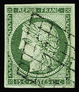 N°2 15c vert oblitéré grille - TB