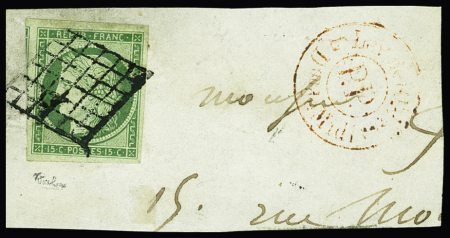 N°2 15c vert oblitéré grille sur petit fragment av