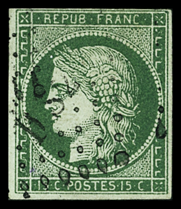 N°2 15c vert très foncé oblitéré losange DS2 (bureau