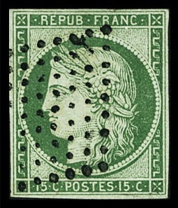N°2 15c vert oblitéré losange muet 81 points des r